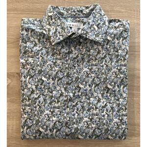 Bar III Men's Small 14-14.5 Slim Fit Dress Shirt Olive & Blue Floral Stretch NEW